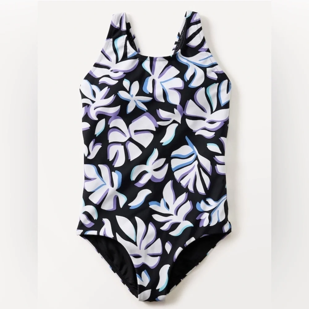 NWT Athleta Girl Scoop One Piece Solara Floral Blue Swimsuit Size Medium 8-10